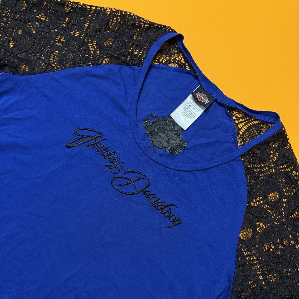 Harley Davidson Top Shirt Women 2016 Blue Black Skull Lace Sleeves Biker Size XL